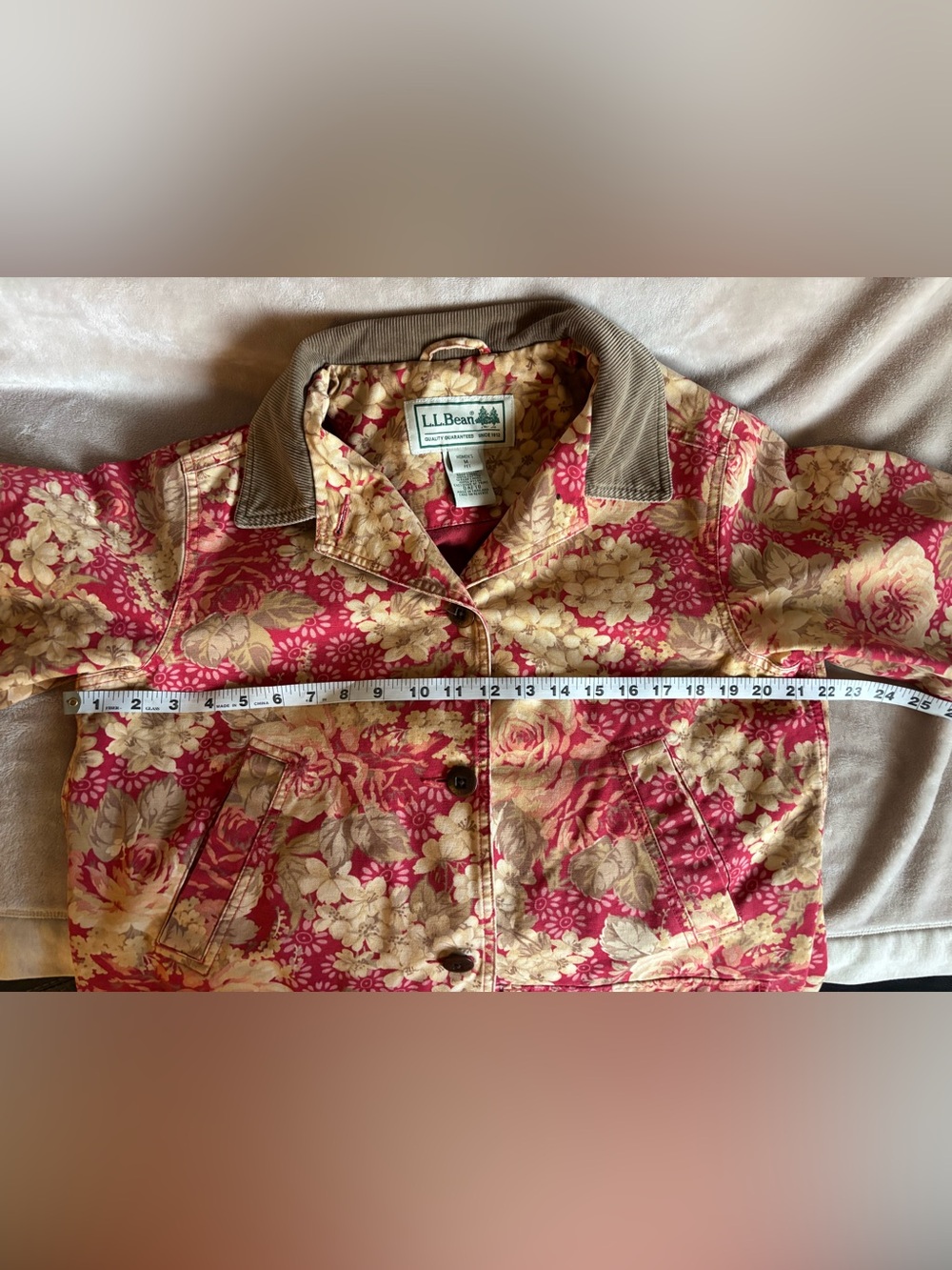 L.L. Bean Floral Utility Barn Jacket Red & Cream Floral w/Brown Corduroy Trim - Picture 7 of 7